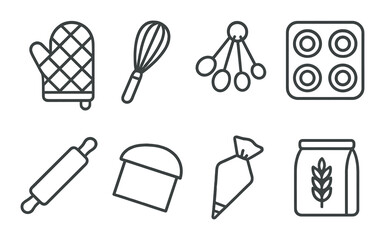 Bakery tools outline icons set – kitchen utensils, baking equipment symbols