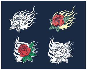 Four Artistic Rose Illustrations with Flaming Accents A Study in Color and Monochrome Design