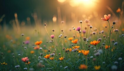 Beautiful flowers in meadow with warm sunlight. Scenic background for quote, inspiring message. Nature, floral beauty. Ideal for motivational, inspirational quotes, cards design. Calm mood, dreamy