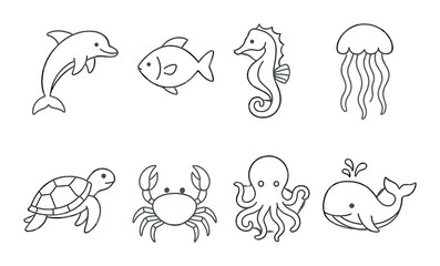 Naklejka premium Aquatic icons set – outline, sea creature and marine life symbols for design