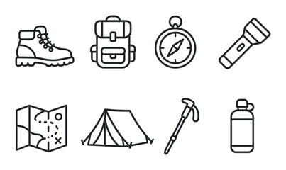 Outdoor adventure gear icons set – silhouette, camping and hiking symbols