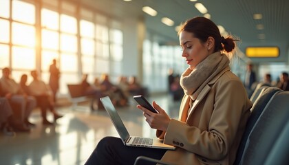 Businesswoman works on laptop smartphone in airport lounge. Woman uses technology, checks travel schedule, communicates online. Modern lifestyle travel, business trip, remote work, digital nomad.