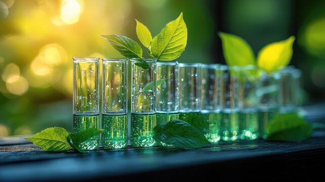 Test tubes with a vibrant green liquid and fresh leaves.