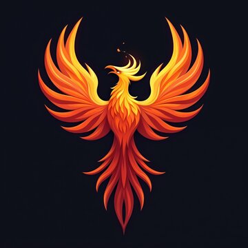 Abstract phoenix bird logo design. Red and orange fire wings icon on black background. Ideal for esports team, gaming logo, tattoo, emblem or t-shirt print.