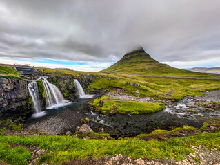 Kirjufell mountain and Kirkjufellsfoss waterfall