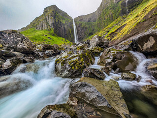 Aerial shots of Grundarfoss Waterfall, on Snaefellness peninsula, Iceland