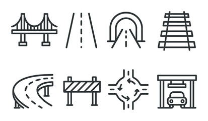 Transportation icons set in linear style – road, transit, and travel symbols collection