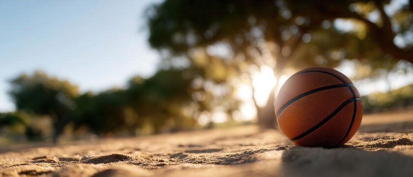 Close-up shot of basketball resting on sandy ground under bright sunlight with trees in the background - Powered by Adobe