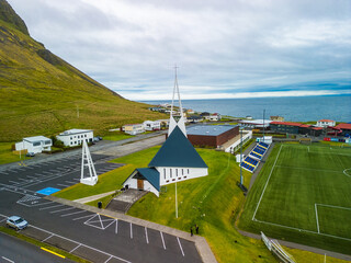 The Olafsvikurkirkja Lutheran church and bell tower in Olafsvik, Iceland