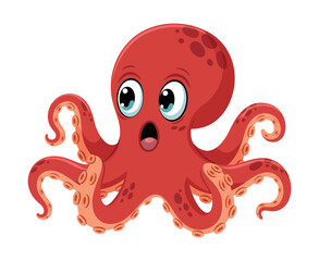 Cartoon Illustration of a Surprised Red Octopus with Large Eyes vibrant red cartoon octopus big expressive eyes and open mouthed expression octopus cartoon illustration