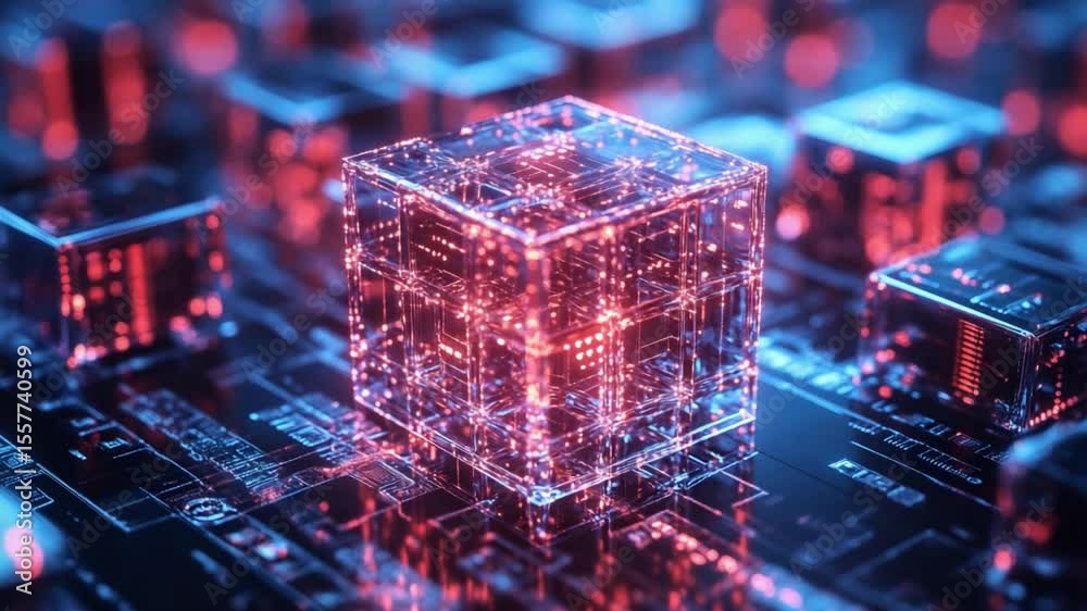 Poster Digital Cube: Illustrating the power of data in a digital age, this photo offers a close-up view of a glowing digital cube, radiating a sense of complexity and cutting-edge technology.