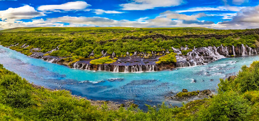Aerial drone view of Barnafoss and Hraunfossars waterfall in west Iceland