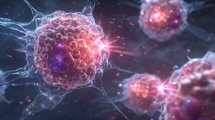 Detailed AI visualization of immunotherapy targeting melanoma cells T cells attacking cancerous skin cells light effects showing bio interaction at nano scale
