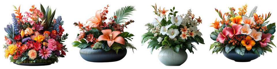 Obraz premium Set of four PNG flowers with layout on transparent background