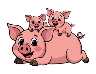 Cartoon Illustration of a Mother Pig with Two Piglets Cute cartoon pigs mother pig two piglets her back pig piglets mother pig cartoon © MOHAMMAD