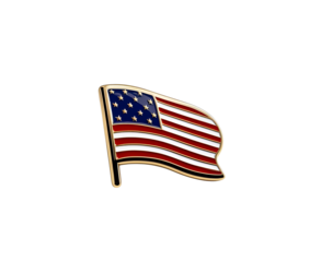 Metallic USA flag lapel pin with glossy red, white, and blue enamel and gold edges, isolated on white background. High-detail product photo for branding, editorial, or promotional use.

