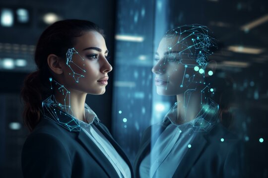 Businesswoman analyzing face recognition data on a futuristic heads up display in a server room