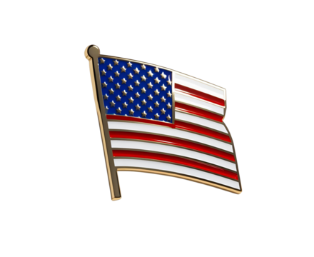Metallic USA flag lapel pin with glossy red, white, and blue enamel and gold edges, isolated on white background. High-detail product photo for branding, editorial, or promotional use.

