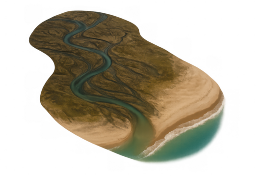 Meandering river flowing through isolated land reaching turquoise ocean with foamy waves on transparent background