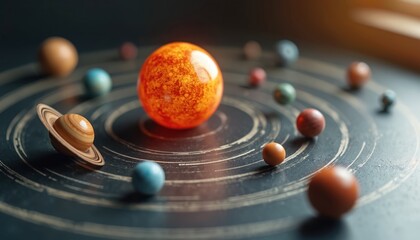 Miniature solar system model features planets orbiting around sun. Education concept, science learning, classroom decor. Great for science textbooks, educational posters, children books, astronomy