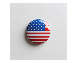 Glossy circular badge with the United States flag, centered on pure white background. Vivid patriotic colors and realistic product style for commercial or editorial use.

