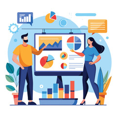 Fototapeta premium Two People Analyzing Data Charts Graphs on Computer Screen Flat Design Illustration