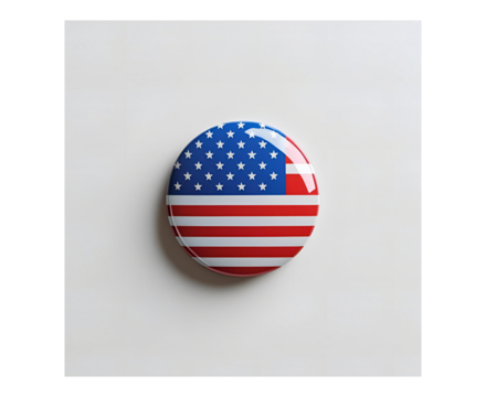 Glossy circular badge with the United States flag, centered on pure white background. Vivid patriotic colors and realistic product style for commercial or editorial use.

