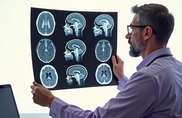 Doctor reviews brain x-ray scans. Neurologist examines patient medical images. Health tech, diagnostic analysis, medicals. Pro radiology. Brain tumor diagnosis treatment.