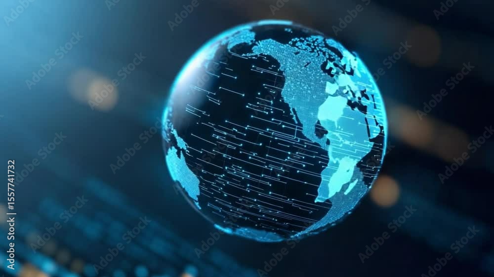 Poster Global Network: A luminous digital rendering of the Earth, its continents and oceans intricately woven with lines of data, representing interconnectedness and the flow of information.