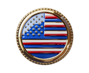 Glossy circular badge with the United States flag, centered on pure white background. Vivid patriotic colors and realistic product style for commercial or editorial use.

