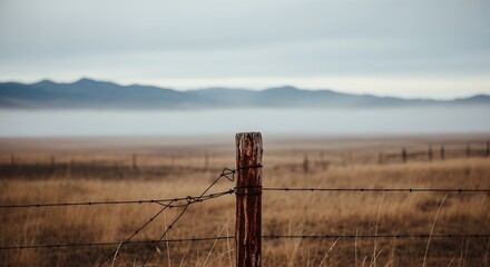 Barbed Wire Fence in Foggy Field with Distant Mountains