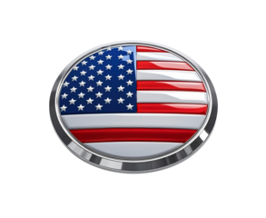 Glossy circular badge with the United States flag, centered on pure white background. Vivid patriotic colors and realistic product style for commercial or editorial use.

