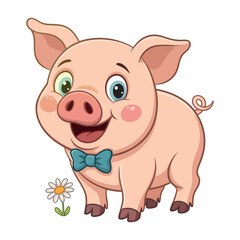 Cute Cartoon Pig with Bow Tie and Flower Happy cartoon pig wearing bow tie standing next flower pig cartoon cute animal illustration bow