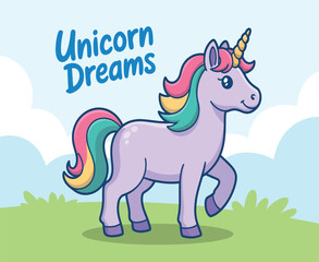 Cute cartoon unicorn with rainbow mane and tail in a whimsical landscape design light purple golden horn mane tail standing grassy hill cute