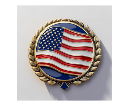 Glossy circular badge with the United States flag, centered on pure white background. Vivid patriotic colors and realistic product style for commercial or editorial use.

