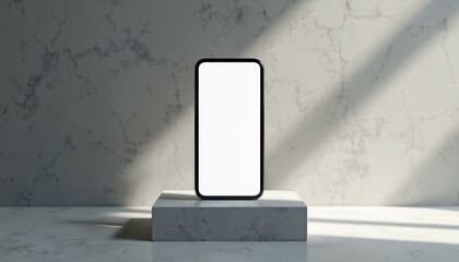 Mobile phone on minimalist stone pedestal. Blank display for mockups, app demos, advertising. Stylish background with sunlight. Ideal for new phone models, mobile apps, technology, digital