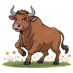Cartoon Illustration of a Brown Bull in a Field with Flowers brown bull large horns stands grassy field flowers bull cartoon animal brown