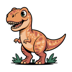Cute Cartoon Tyrannosaurus Rex Illustration for Kids Smiling orange brown dinosaur with spots standing grass dinosaur tyrannosaurus trex cartoon cute kids illustration drawing childish