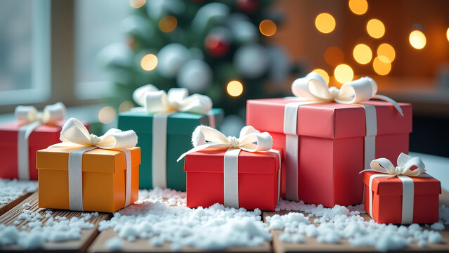 colorful array large wrapped gift boxes various hues tied fluffy white ribbons scattered around wooden table