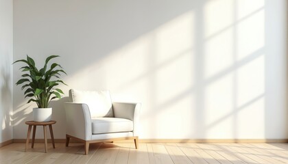 Modern minimalist living room interior. White armchair, wooden floor. Green plant in pot adds touch of nature, cozy mood. Natural light shadows from window. Home decor background. Elegant design.