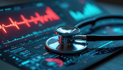 Medical tech future stethoscope on screen showing cardiogram, digital interface, artificial intelligence, AI. Health care innovation, telemedicine, digital health, medical equipment, data analysis.