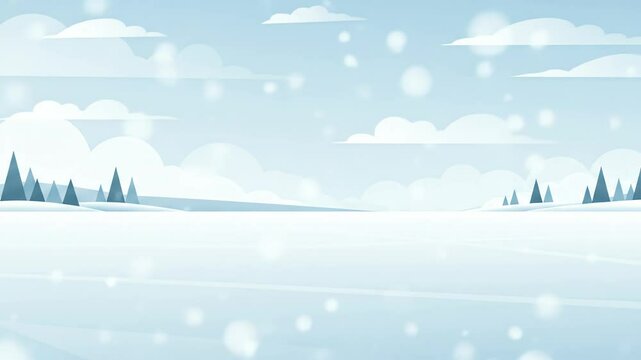 Snowy landscape with stylized trees clouds and snowfall in a muted color palette