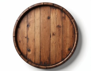 Top view wooden barrel lid, isolated on white background. Round shape, aged brown wood texture. Detailed timber grain, natural material, vintage design, copyspace.