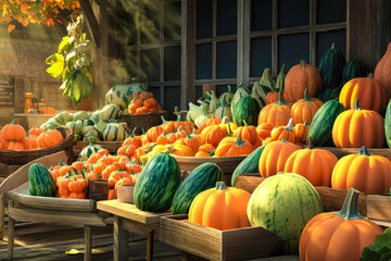 A pumpkin sale on a farm under the sunlight during harvest