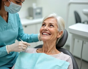 Smiling elderly woman in dental clinic during checkup. Doctor in scrubs and mask examining patient teeth. Happy senior woman smile on dental chair. Oral health care.