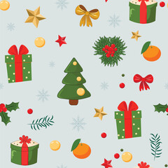 Seamless New Year pattern on a blue background with a Christmas tree, bows, stars