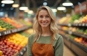 Smiling woman seller in supermarket fresh produce department. Blonde female worker in apron offers customer service assistance. Cheerful employee at grocery store. Retail pro happy saleswoman.