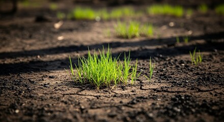 Fototapeta premium Grass Growing in Dry Soil Close Up Spring Rebirth