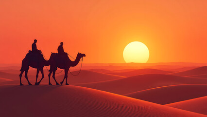 majestic camel caravan stands silhouetted vibrant dawn sky set vast expanse undulating sand dunes stretching