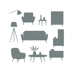 Midcentury modern furniture silhouettes sofa armchairs coffee tables lamps and sideboards Perfect for interior design blogs and websites